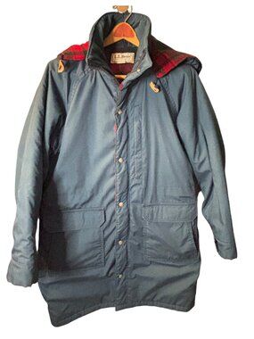 L.L. Bean Womens Blue Hooded Jacket Red Plaid Lining Button Accents